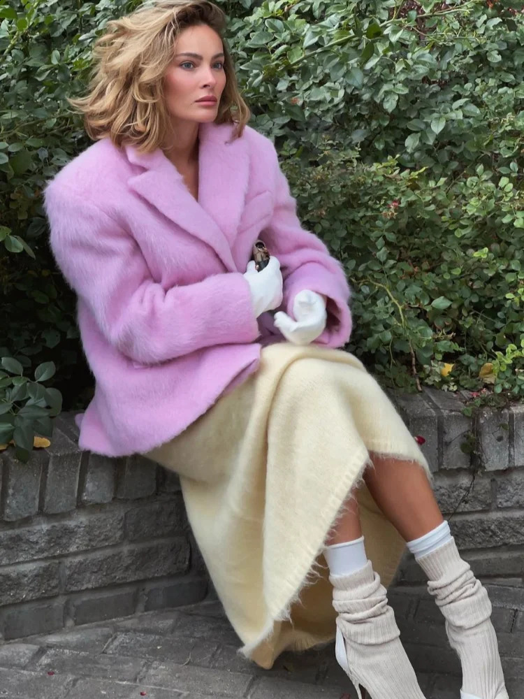 Womens elegant pink lapel pocket wool jacket fashionable single breasted loose long sleeved jacket womens sweetheart jacket 241007