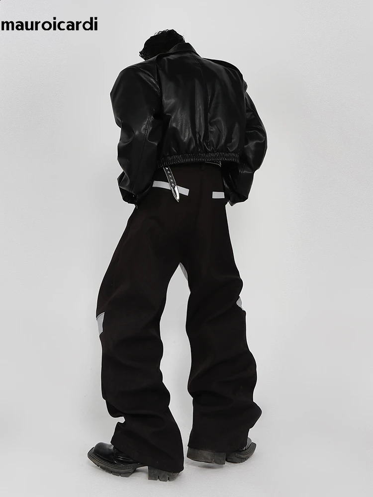 Mauroiardi Spring Autumn Cool Long Loose Casual Soft Patch Work Pu Leather Pants Mens er Clothing Trousers 241007