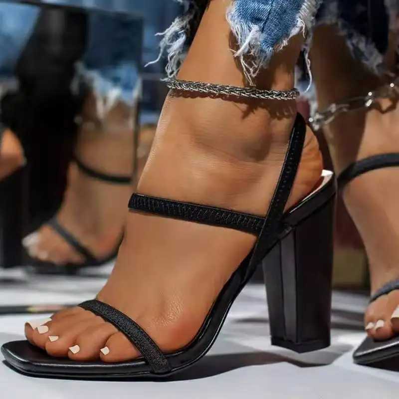 Womens plus size 2024 new summer high heels thick high heels ladies sandals 7CM square head minimalist design fashionable and versatile Y241014