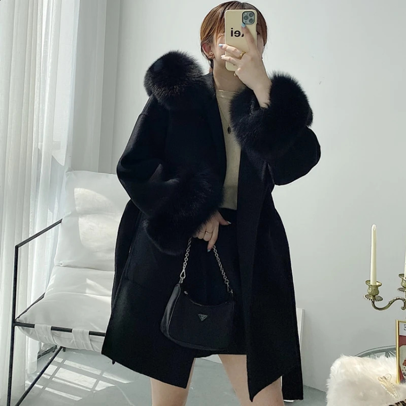 size womens coat genuine leather coat winter jacket womens natural fox fur collar cuffs hood cashmere wool 241015