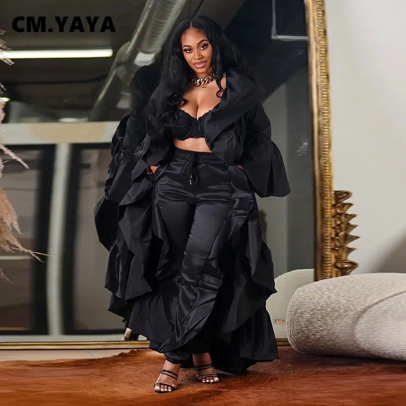 CM.YAYA Womens Retro Ruffle Shoulder Flame Bat Wing Long Sleeve Open Sewing Street Clothing Black Maxi Trench Jacket 241015