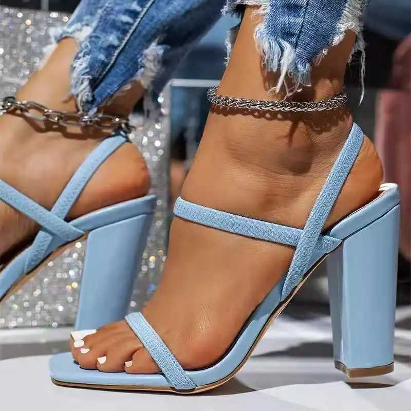 Womens plus size 2024 new summer high heels thick high heels ladies sandals 7CM square head minimalist design fashionable and versatile Y241014