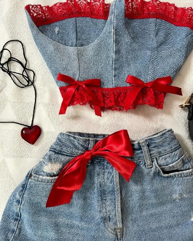 Gothic Skirt Two Piece Sets Womens Y2K Clothing Sexy Sweetheart Harajuku Bow Retro Blue Denim Skirt Slim Strap Top Tops Set 241014