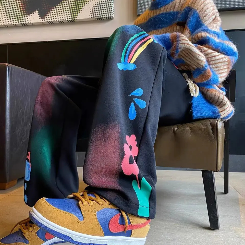 Mens Hip hop Trouser Straight Mens Sports Pants Draped Graphic Harajuku Korean Fashion Elastic Style Sports Pants 241007