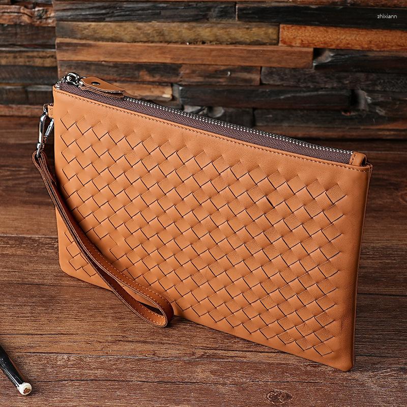 Clutch Bags Handmade Woven Pattern Leather Men's Bag Business And Women's Wrist Large Capacity IPad Wallet