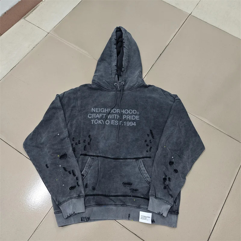 High quality retro washed ink splattered NBHD hoodie with Hole Damage loose and casual neighborhood sweatshirt 241015