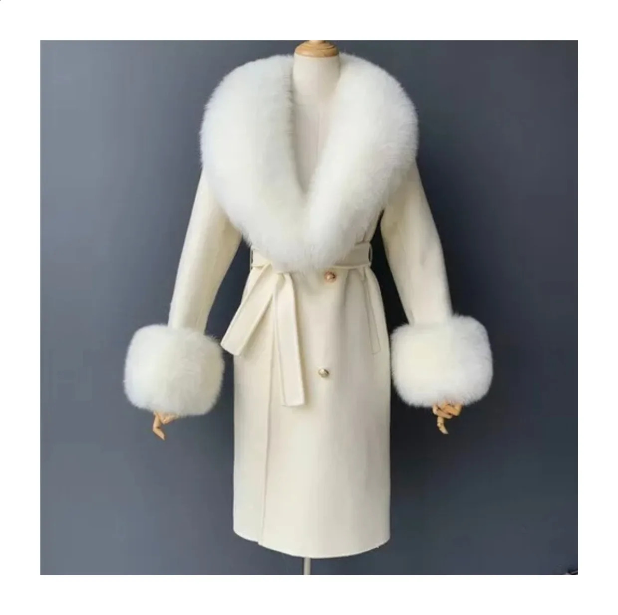 selling leather coat cashmere wool blend X long winter jacket womens natural fox fur collar cuffs streetwear 241015