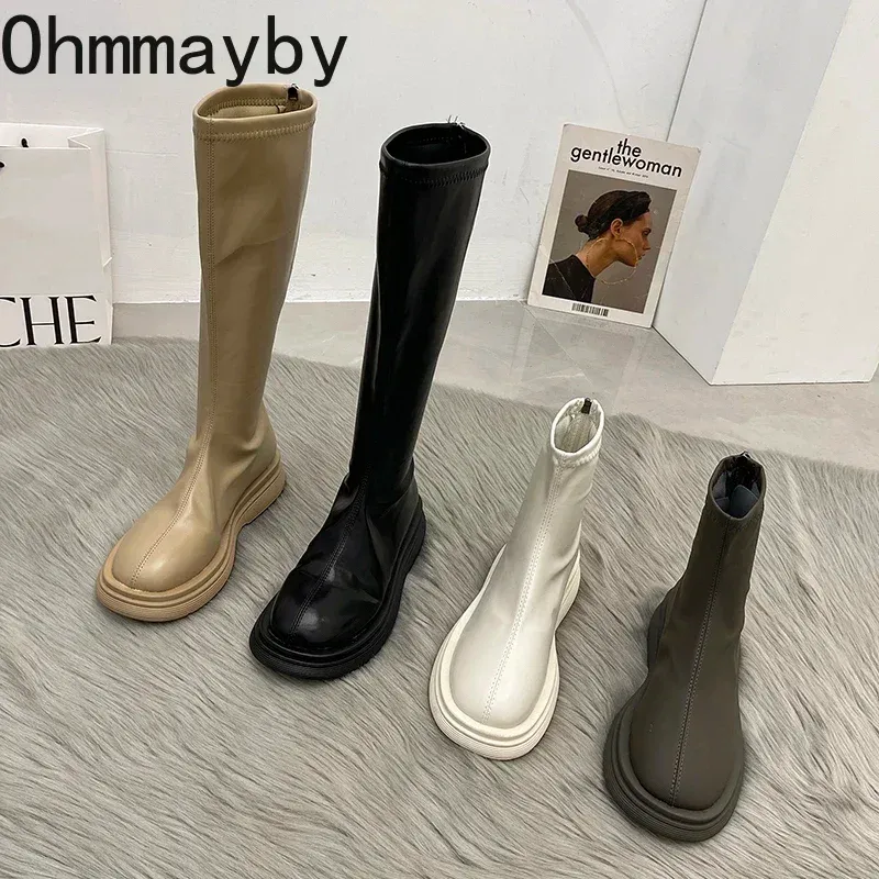 2024 Women Boots Long Thick Sole Ladies Zipper Knight Flats Heel Fashion Knee-High Boots Keep Warm Plush Winter Shoes Snow Booties