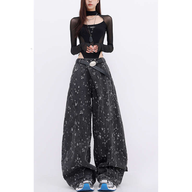Autumn Vintage Hole Raw Trim Y2k 90S Baggy Black Jeans Women Streetwear High-Waisted Loose Washed Straight Wide-Leg Denim Pants