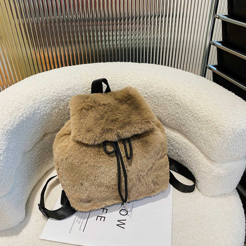CMM plush backpack imitating rabbit fur backpack student commuting fashion, large capacity drawstring leopard print plush bag 241015