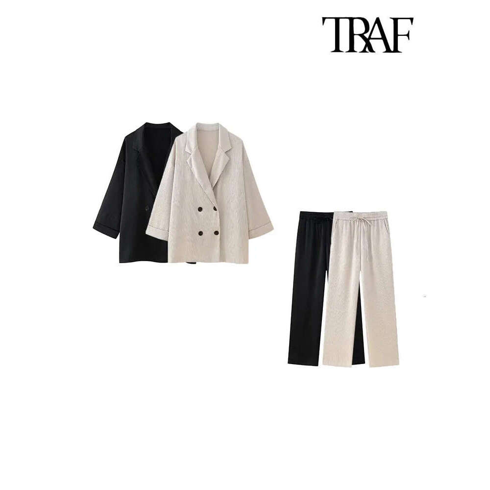 Traf-Women's Double-Breasted Loose Blazer Coat And High Elastic Waist Wide Leg Pants, Female Two Piece Sets, Fashion