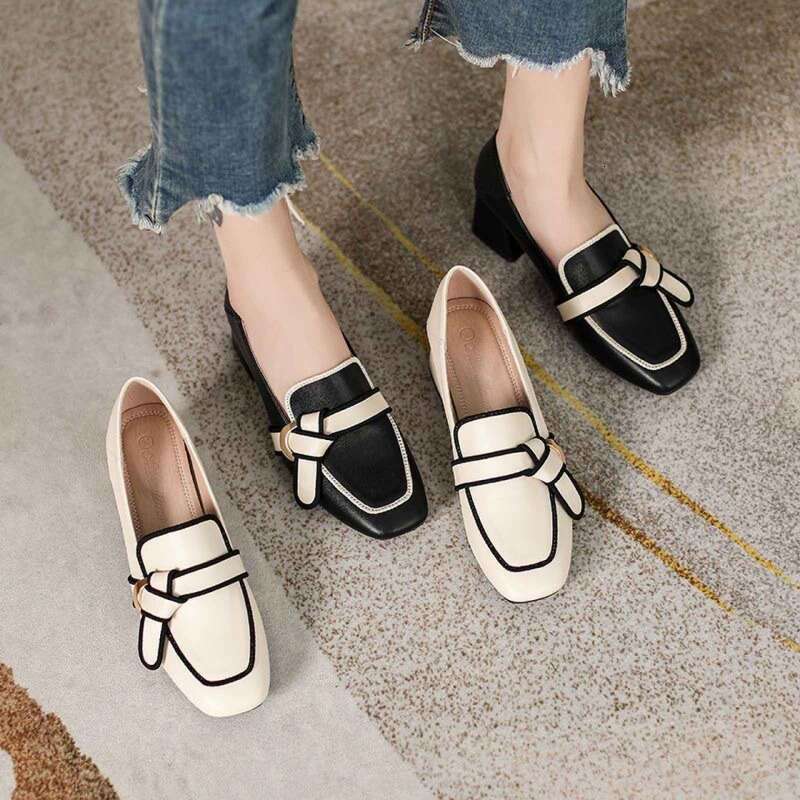 French Thick Heeled Loafers Women Autumn Trend Retro Leather Shoes with High Heels Single Shoe