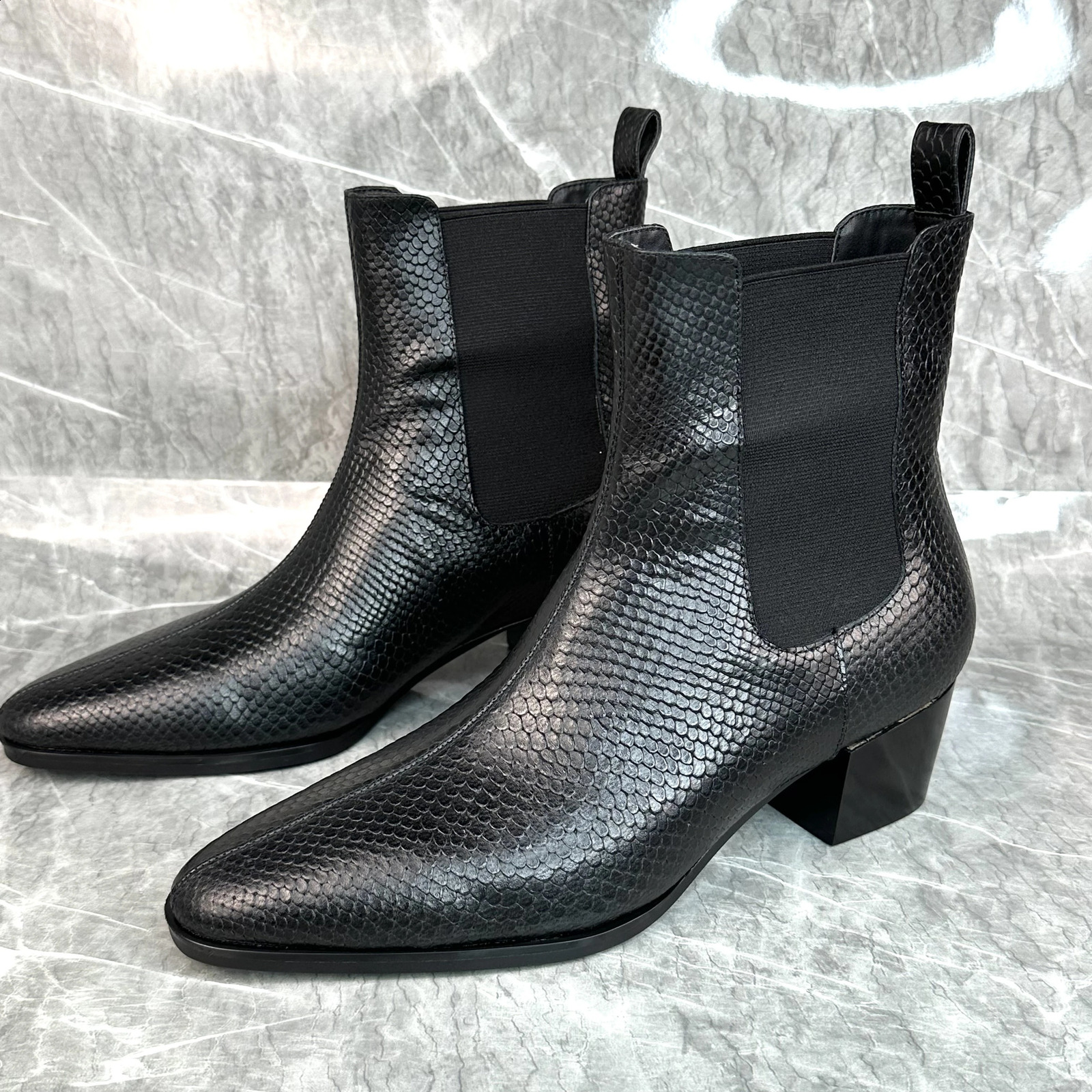 Snakeskin Western Style Chelsea boots mens Pointed Toe handmade retro shoes leather short fashion 241014