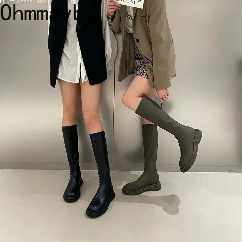 2024 Women Boots Long Thick Sole Ladies Zipper Knight Flats Heel Fashion Knee-High Boots Keep Warm Plush Winter Shoes Snow Booties