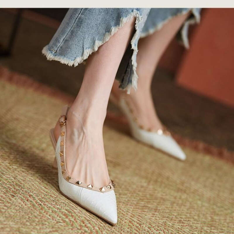 Women Sandals Rivets Pointed Toe Sgbac Patent Leather Mid Heels Pumps Blue Snakeskin Pattern Slip on Sandalias Mujer