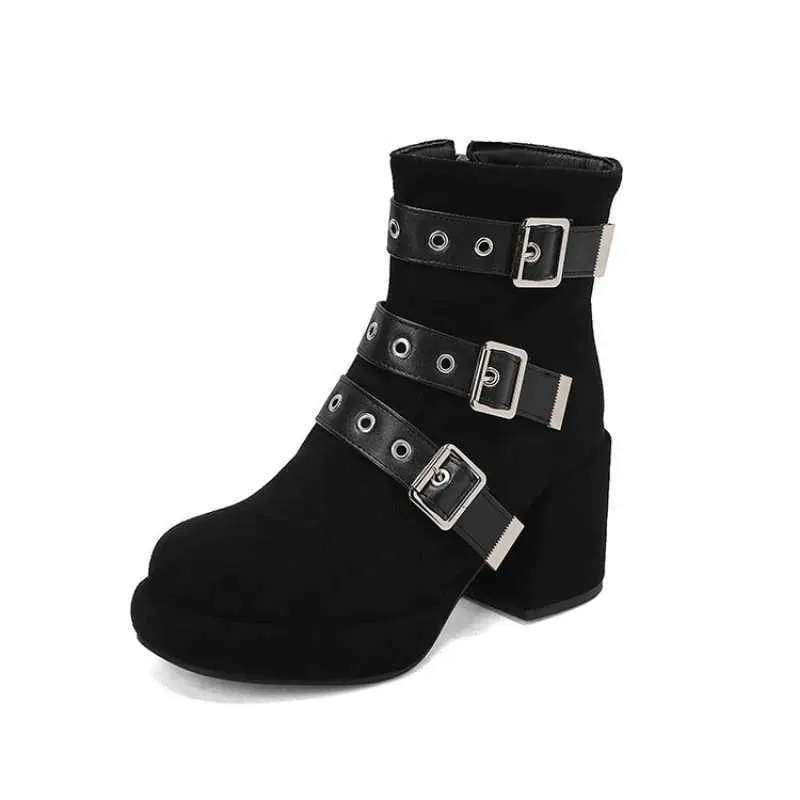 Women Designer Ck Chunky Heels Multi Buckle Round Toe Platform High-Heeled Pink Brown Gothic Motorcycle Boots M240912