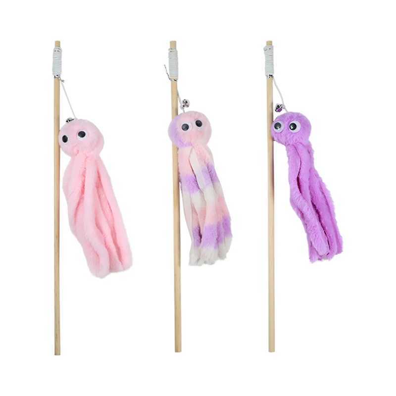 Pet cat toy Plush octopus shaped wooden cat-teasing stick with bellC241014