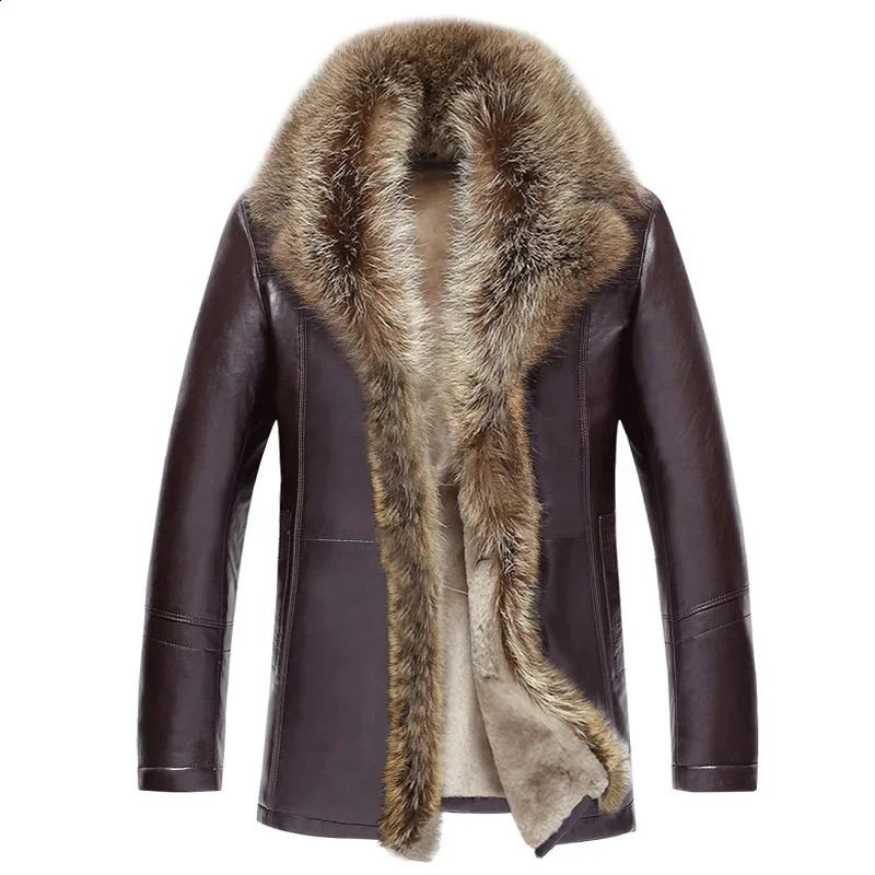 Mens Leather Jacket with Real Raccoon Fur Collar Winter Thicken Coat Jaqueta De Couro Chaqueta Men PU Leather 241007
