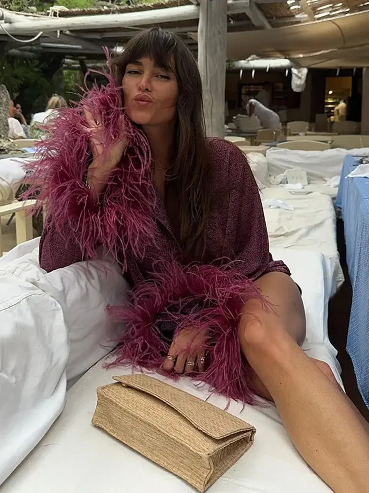 shiny feather decal womens solid shirt fashion stand up collar single breasted top 2024 womens holiday beach top 241015bj