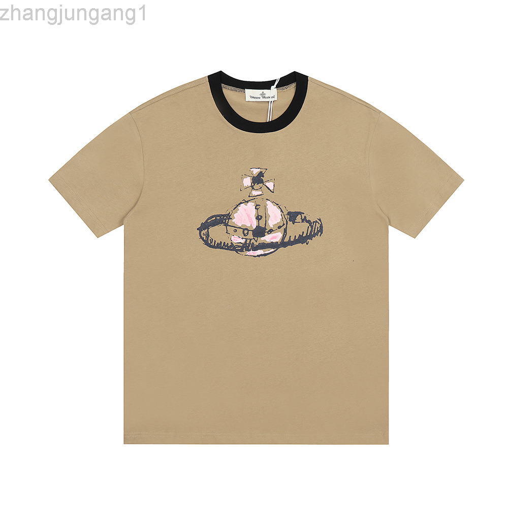 Designer Vivienmes Westwood Westwood Empress Dowager Saturn Printed Round Neck Contrasting Short Sleeved T-shirt for Men and Womens Top