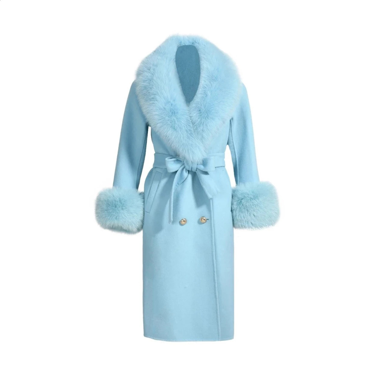 selling leather coat cashmere wool blend X long winter jacket womens natural fox fur collar cuffs streetwear 241015