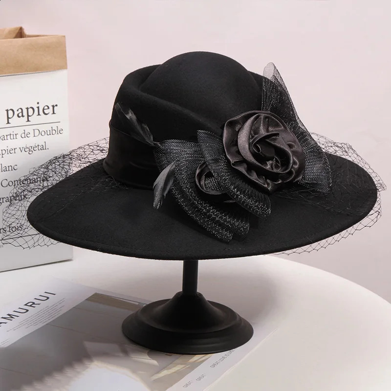 Veil Black Women Winter Fedora 100% Australian Wool Cloche Hats Female Wide Brim Felt Hat Ladies Bowknot For Church Caps 56-58cm 241014