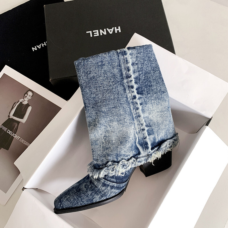 ddmytiger outdoor Short Women's New High Quality Denim Pointed Thick Heels Modern Ankle Boots A ddmythur