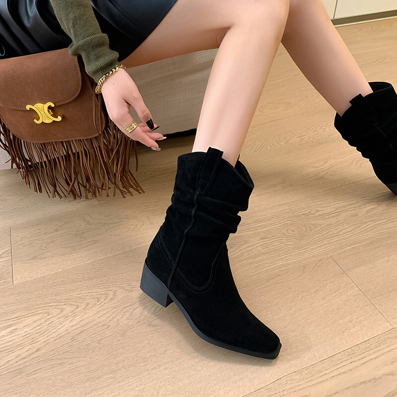 ddmytiger outdoor Short Women's New Quality Suede Pointed Pleated High Heel Mid length Modern Western Ankle Boots A ddmythur