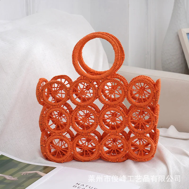 Paper rope woven wheel bag crossed boundary hollow large capacity circular tourism beach handbag 241014