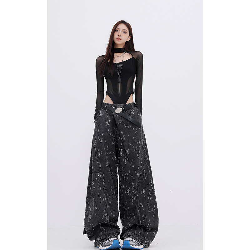 Autumn Vintage Hole Raw Trim Y2k 90S Baggy Black Jeans Women Streetwear High-Waisted Loose Washed Straight Wide-Leg Denim Pants