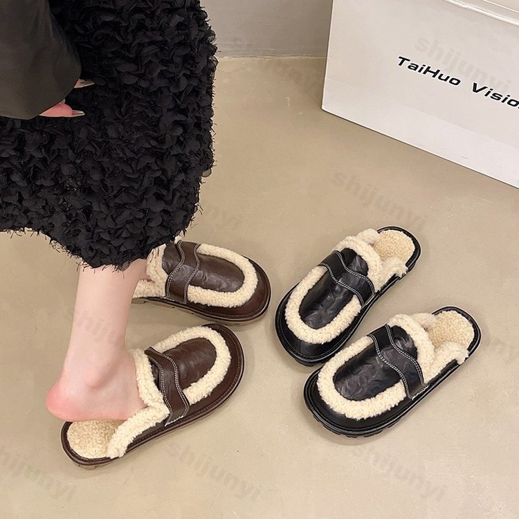 Flats Platform Cotton Slippers Women Fur Mules 2024 Winter New Plush Warm Slides Trend Soft Leather Cozy Casual Shoes