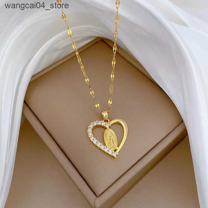Pendant Necklaces Stainless Steel Crystal Heart Virgin Mary Necklace for Women Amulet Gold Plated Necklace Religious Jewelry Our Lady of Aparecida L24 - view 5