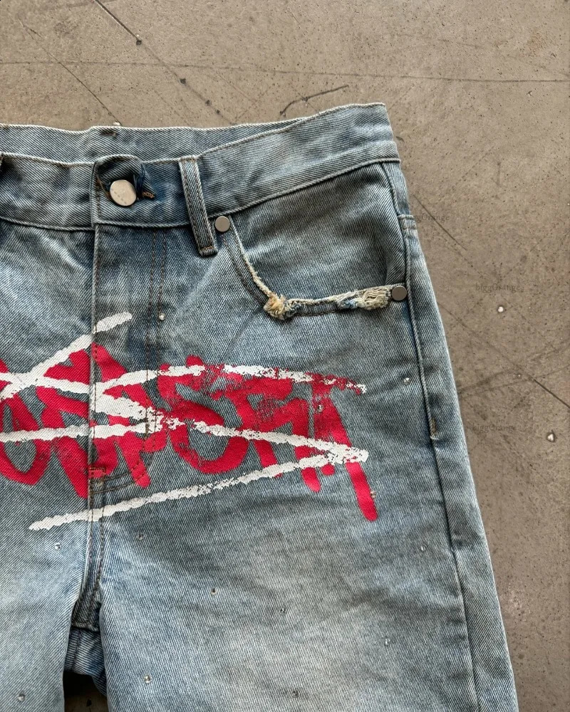 European and American Street Y2k Harajuku Shorts Gothic Punk Fashion Letters Colorful Printed Jeans Loose Casual Denim Shorts 241014