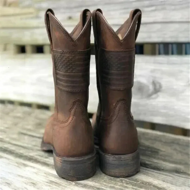 Men Square Toe Thick Heel Mid-Tube Knight Retro Distressed Western Vintage Flag Shoes Leather Boots 240612 241118