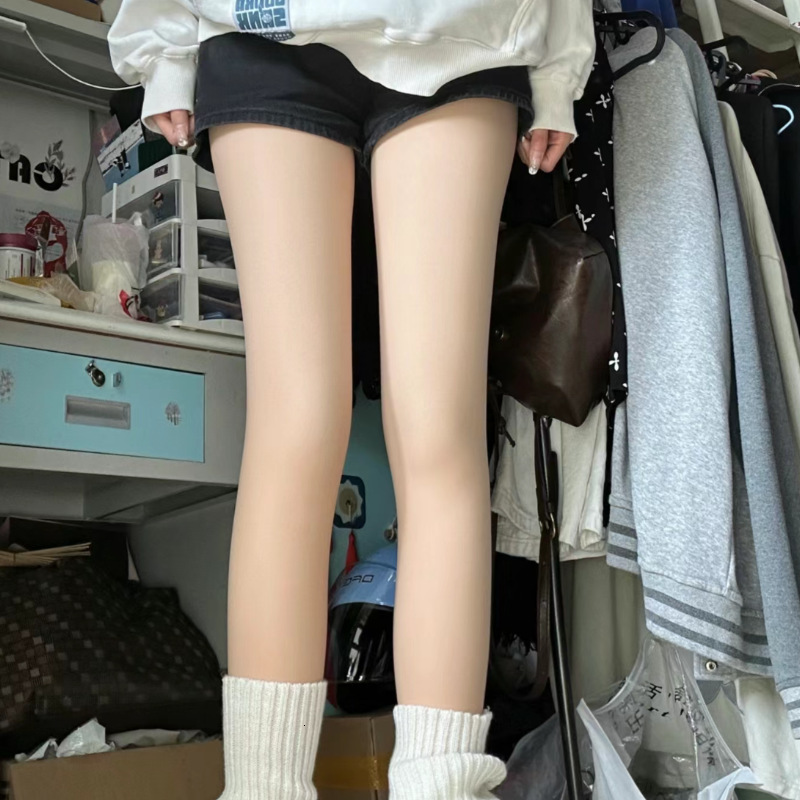 2025 new designer autumn and winter new women s double layer bare leg fashion artifact with naturally exposed plush stockings and flesh colored leggin