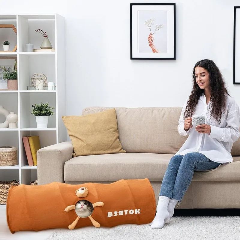 Indoor Cat Tunnel, Foldable Straight Tube Cartoon Cat Tunnel with Plush Ball, Easy to Store and Clean Cat Toy Pet Supplies