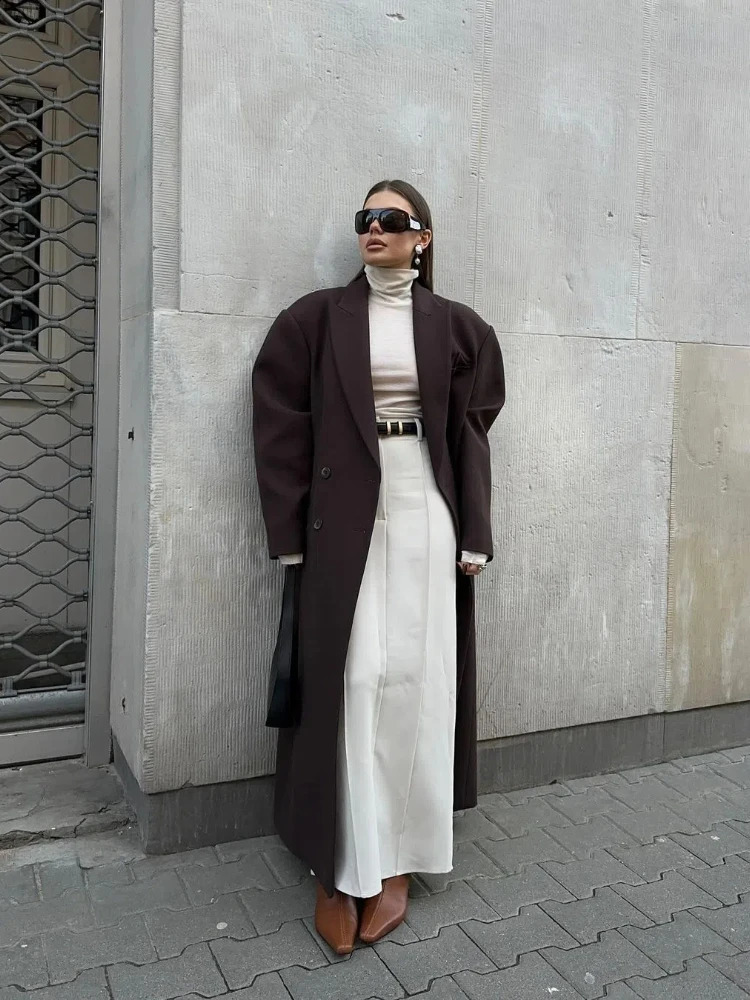 Fashion pocket long sleeved casual coat for women elegant double chest lapel wool coat womens autumn warm streetwear 241007