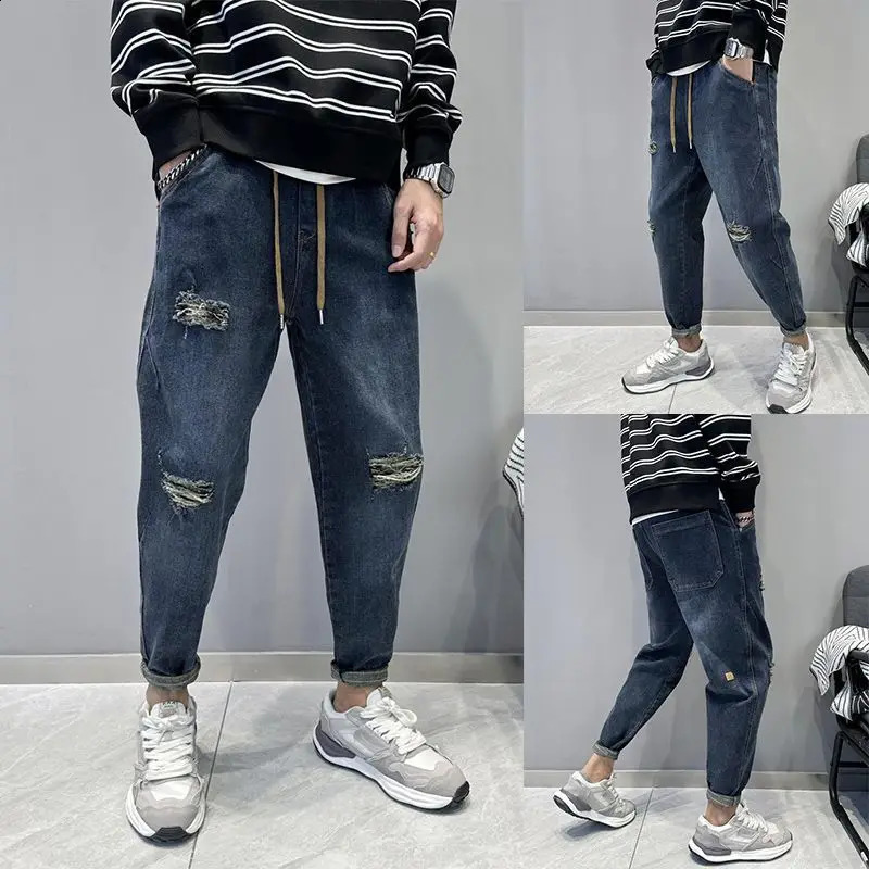 Mens Casual Denim Vintage Washed Loosefit Tapered Carrot Pants Autumn Streetwear Embroidered Jeans Baggy Jogger Harem 24