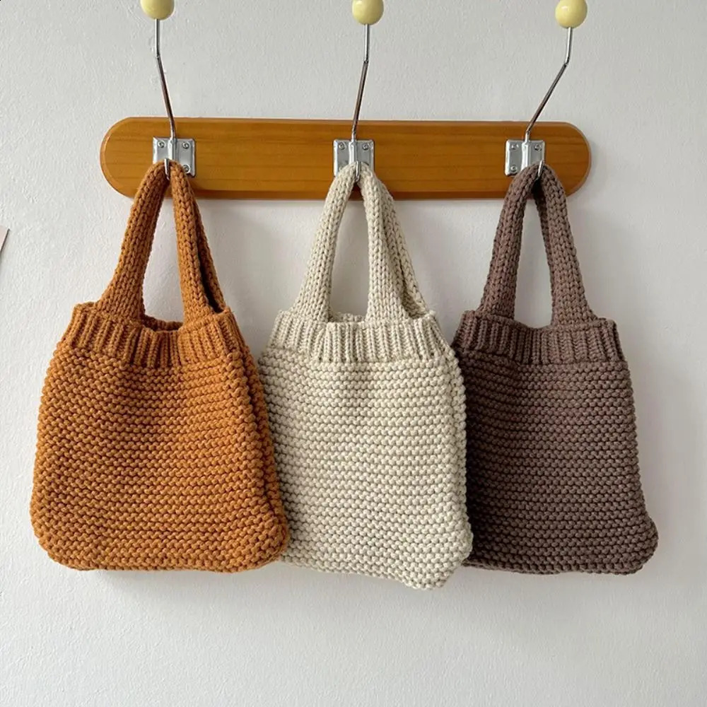 Pure color hand woven bag knitting high capacity wool shoulder handbag MidAutumn Festival 241014