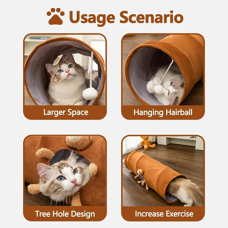 Indoor Cat Tunnel, Foldable Straight Tube Cartoon Cat Tunnel with Plush Ball, Easy to Store and Clean Cat Toy Pet Supplies