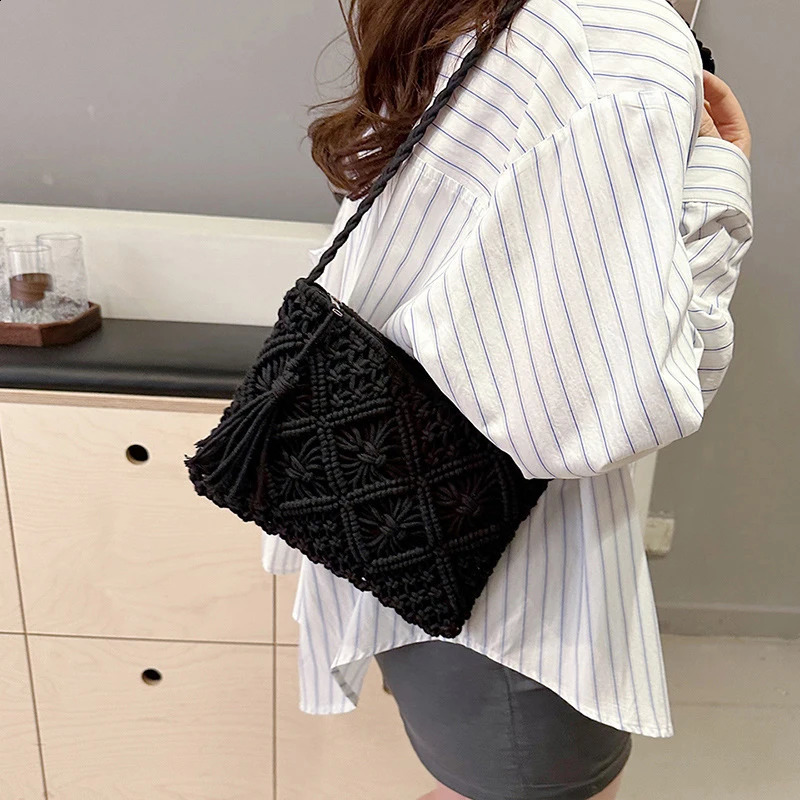 Womens crocheted shoulder bag tassel Bohemian solid color hollow hand woven cross shaped messenger handbag 241014