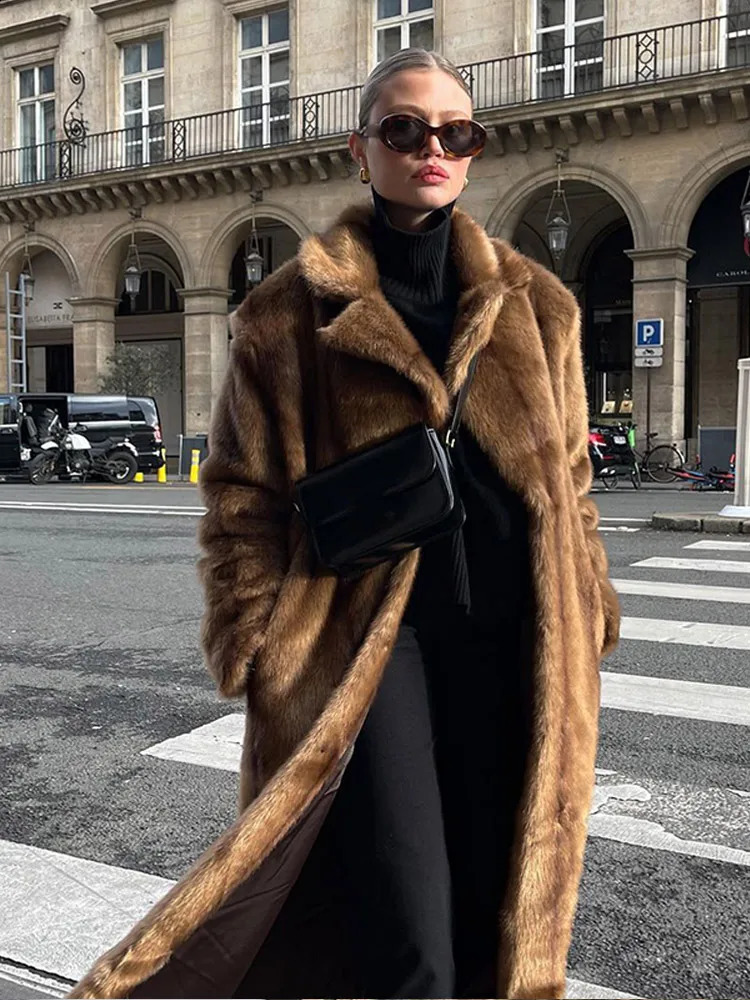 Brown thick faux fur coat womens fashionable oversized long sleeved lapel coat winter elegant street coat 241015