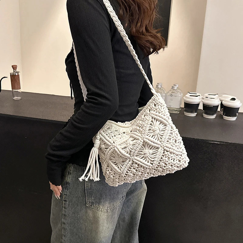 Womens crocheted shoulder bag tassel Bohemian solid color hollow hand woven cross shaped messenger handbag 241014