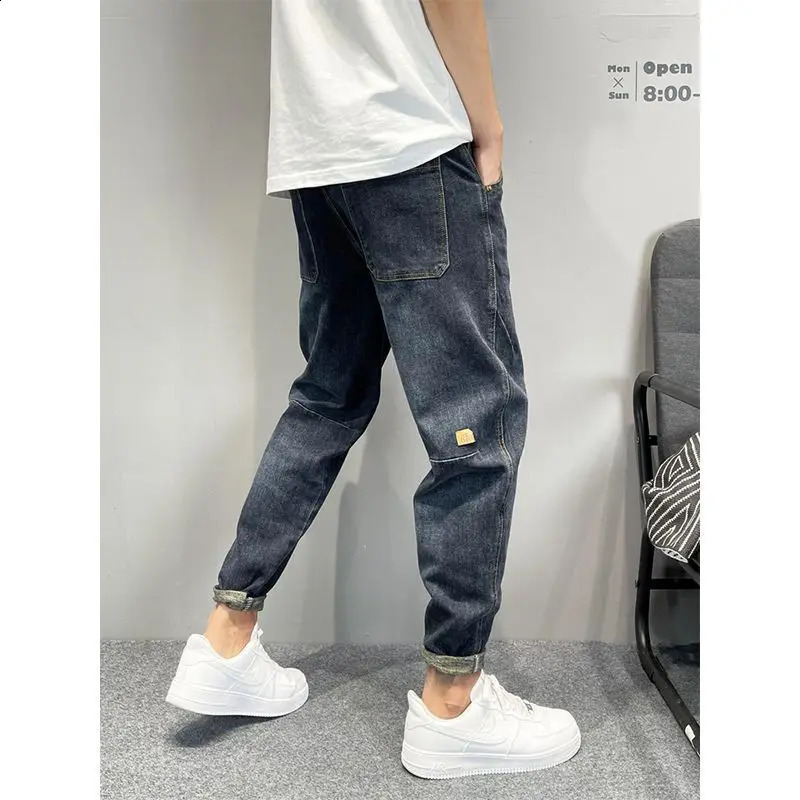 Mens Casual Denim Vintage Washed Loosefit Tapered Carrot Pants Autumn Streetwear Embroidered Jeans Baggy Jogger Harem 24