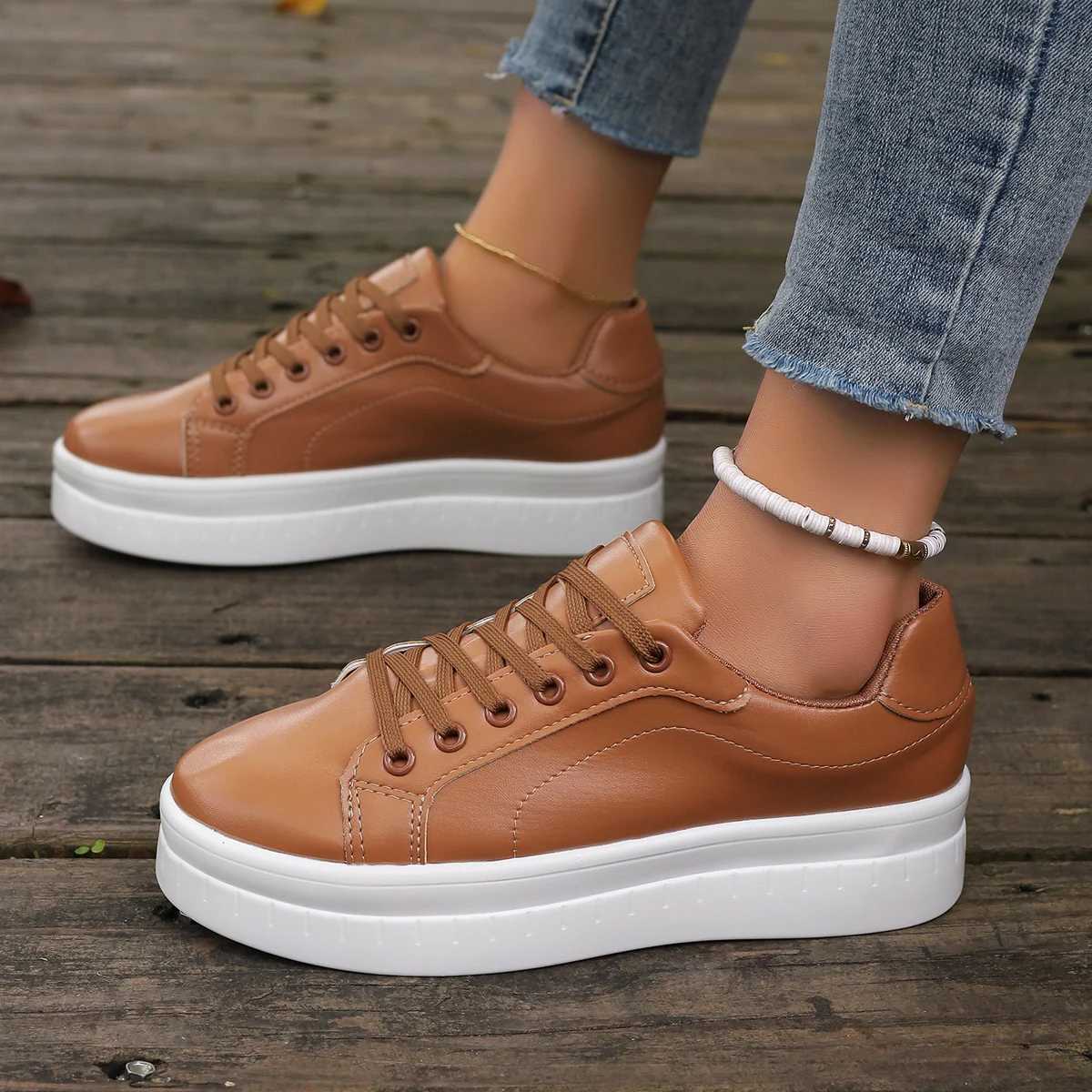 Women Leather Platform Shoes Fashion Solid Color Chunky Heel Sneakers Casual Flat Sports Shoes Designer Shoes Zapatillas MujerLX241015