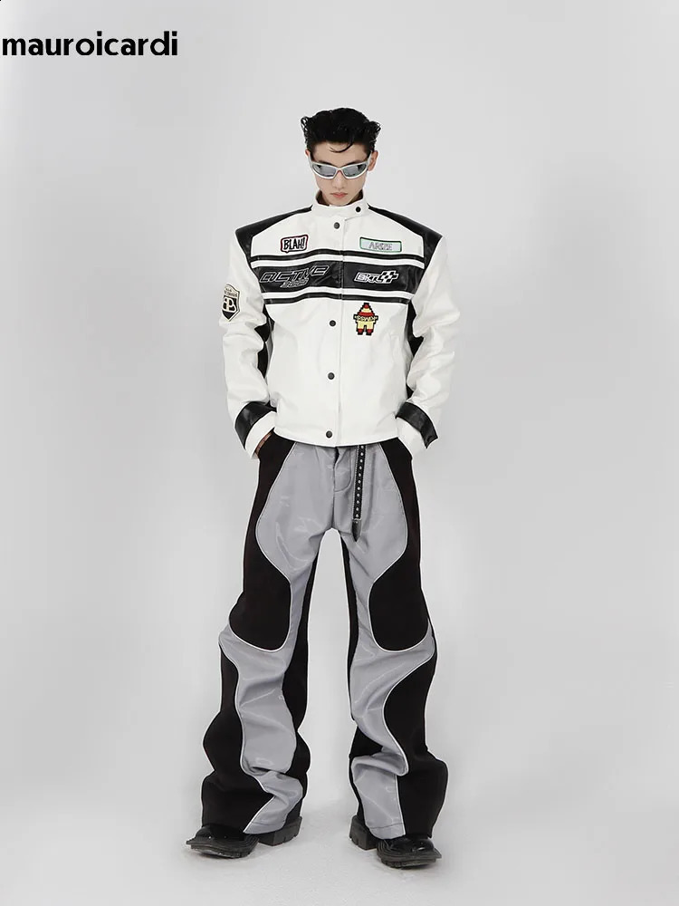 Mauroiardi Spring Autumn Cool Long Loose Casual Soft Patch Work Pu Leather Pants Mens er Clothing Trousers 241007