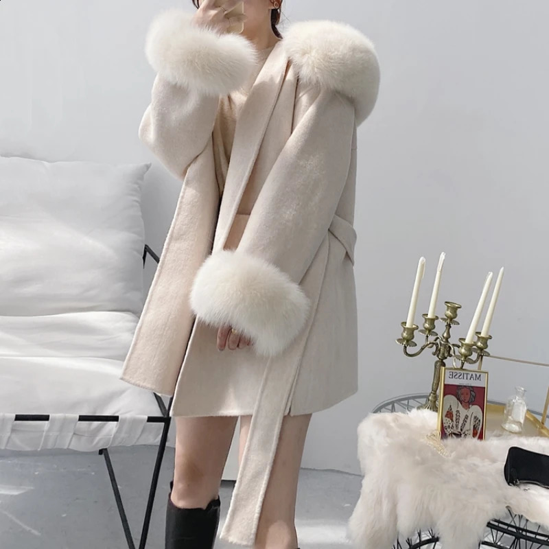 size womens coat genuine leather coat winter jacket womens natural fox fur collar cuffs hood cashmere wool 241015