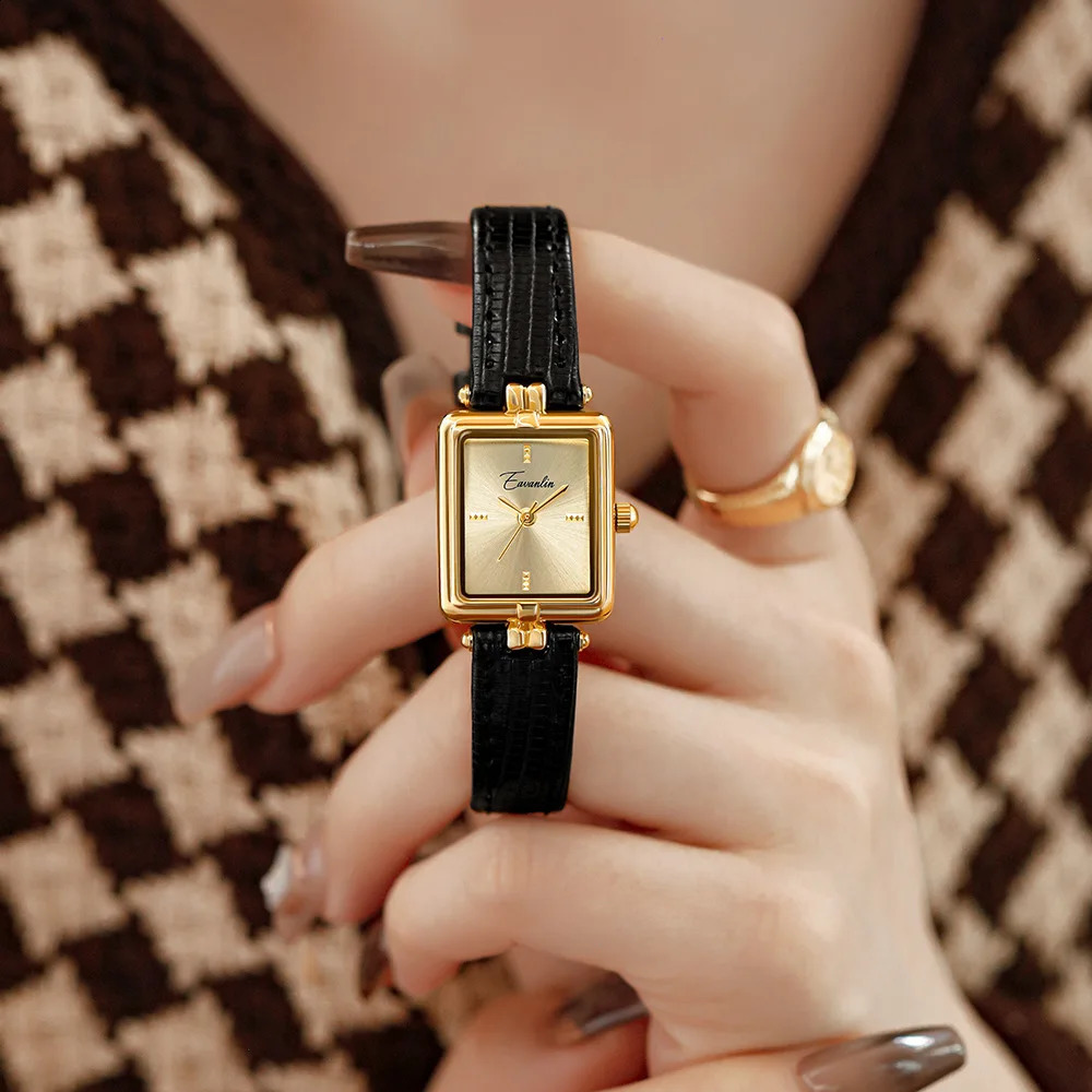 Retro niche design square rectangular gold dial quartz womens watch casual brown leather waterproof fashion watch Relogio241015