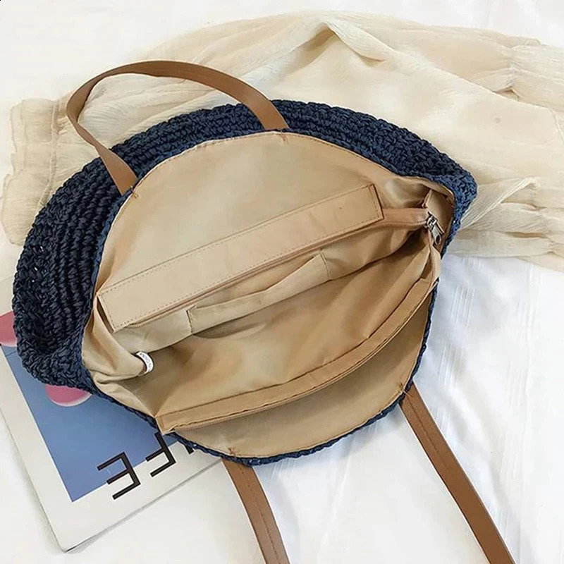 Large capacity round womens fashionable straw shoulder bag handmade summer beach travel holiday handbag 241014