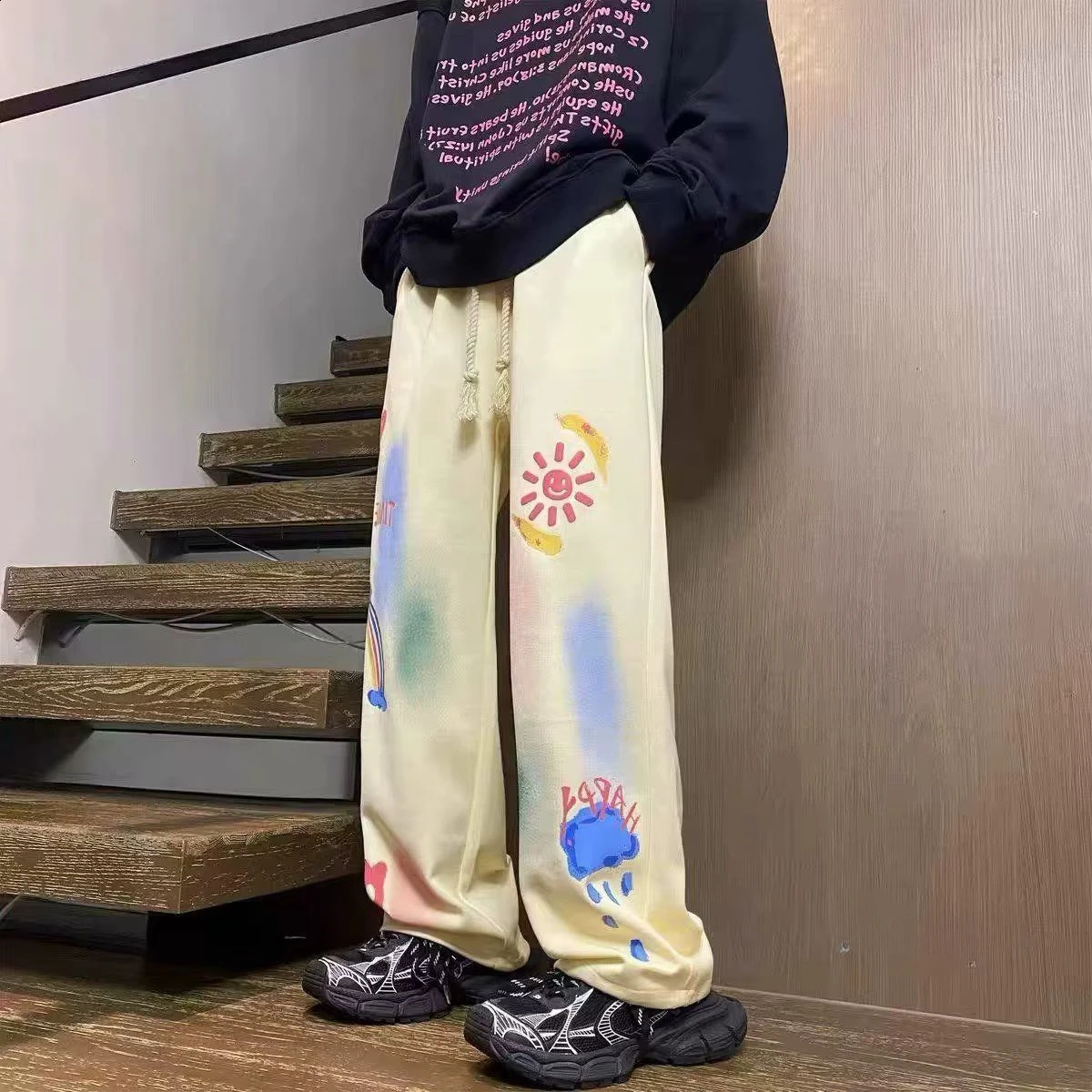 Mens Hip hop Trouser Straight Mens Sports Pants Draped Graphic Harajuku Korean Fashion Elastic Style Sports Pants 241007